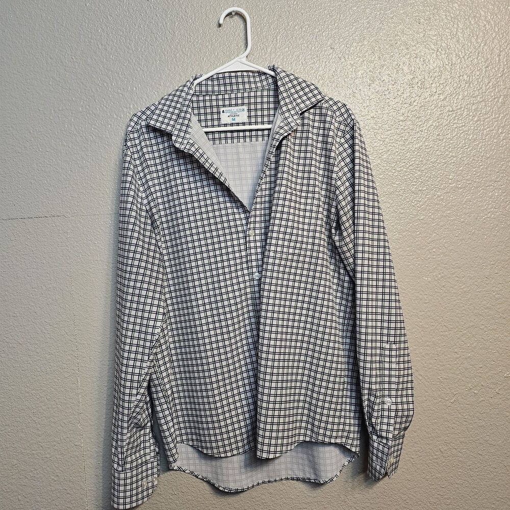 &Collar Athletic Performance Dress Shirt M White Navy Green Check Casual T422